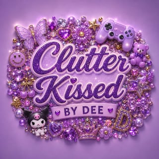 Purple glittery logo for Clutter Kissed by Dee featuring decorative elements including butterflies, flowers, hearts, and gaming controller