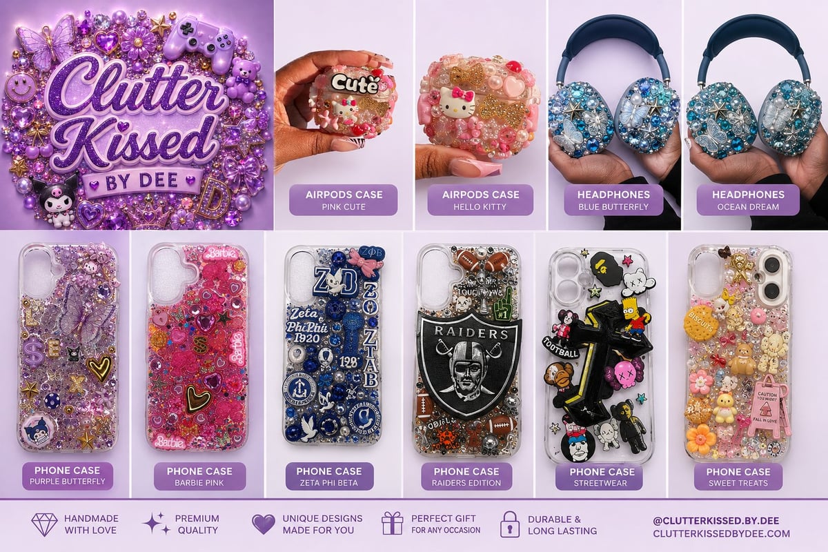 Collection of glitter-filled phone cases and cosmetic products in various colors with sparkly, decorative designs
