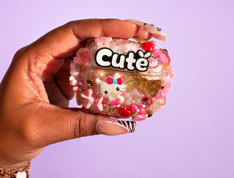 Hand holding a pink glittery slime putty toy with colorful beads and a white cute label against a purple background
