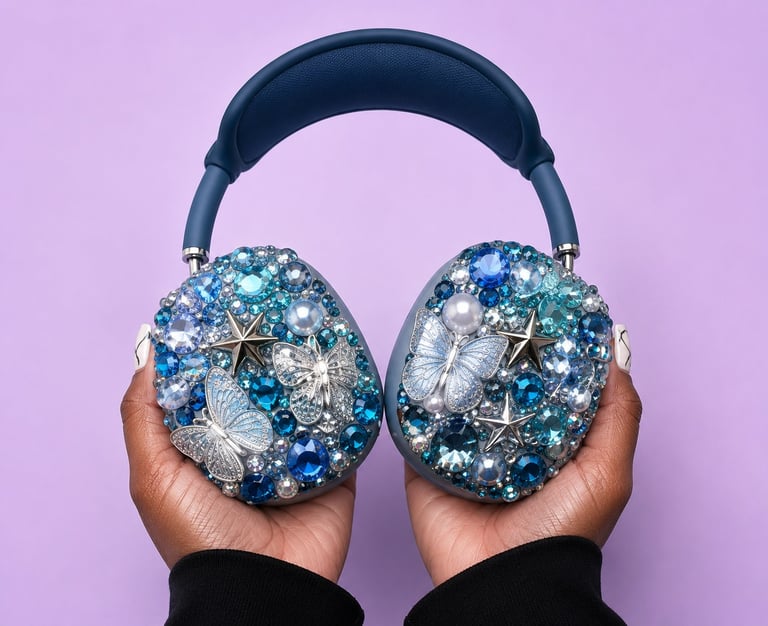 Hands holding decorative headphones with blue and silver glitter embellishments against a purple background