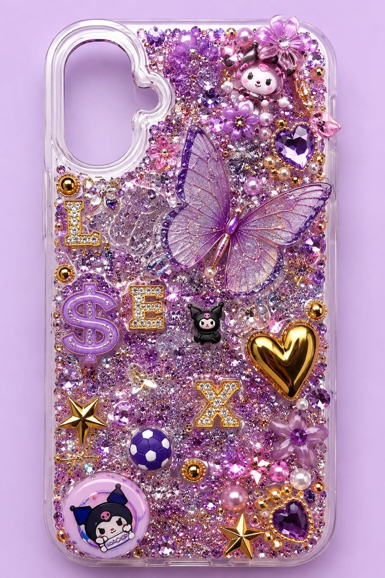 Purple glitter phone case with flowing confetti, butterfly, hearts, stars, and cute character charms against pink background